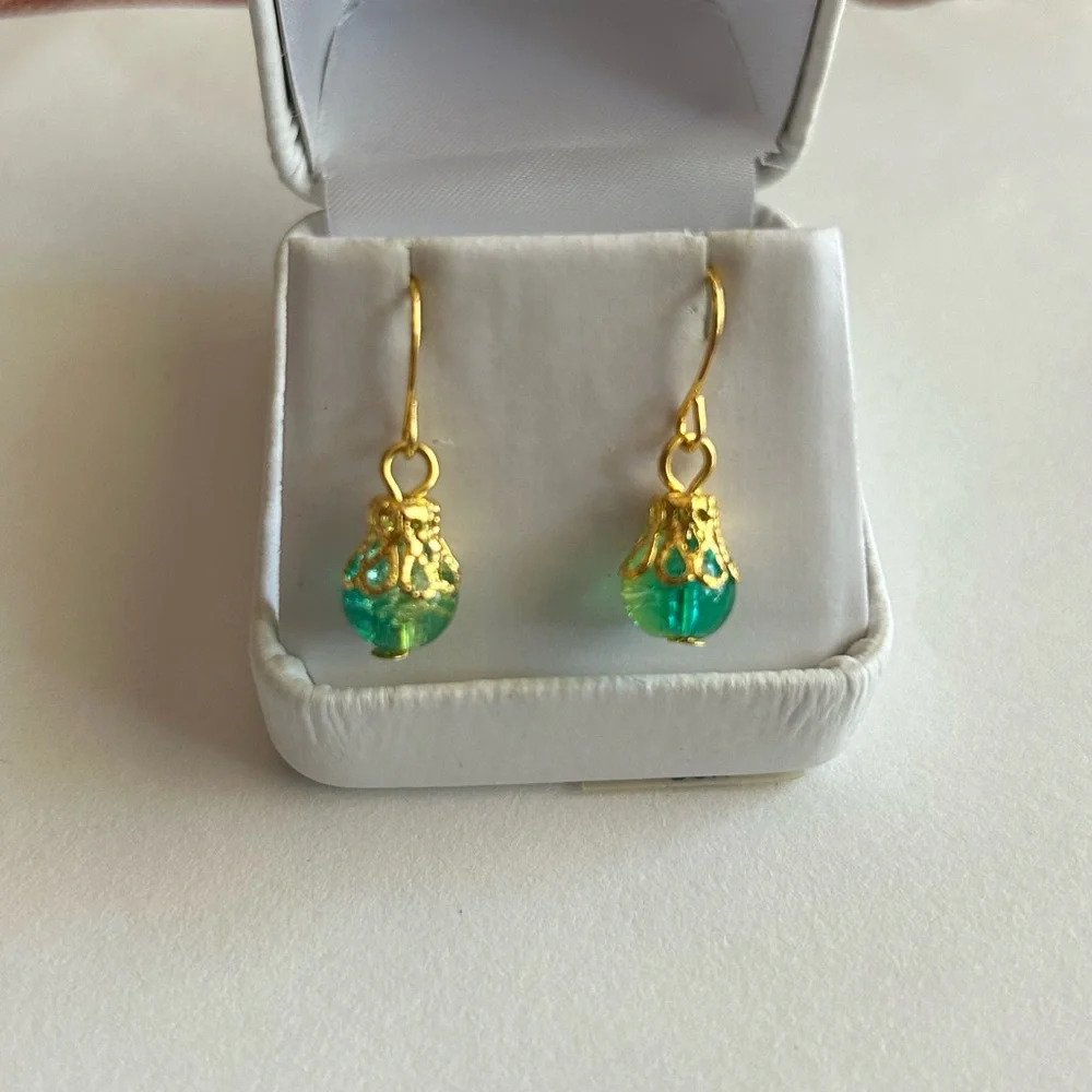 3/$20 Green and Blue Dual Crystal Ornate Gold Plated Dangling Drop Earrings